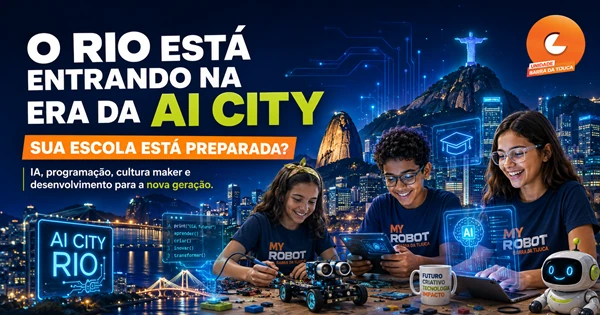 Rio de Janeiro em cenário futurista de AI City e educação tecnológica
